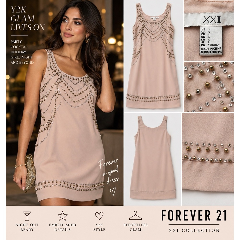 Forever 21 XXI Blush Pink Rhinestone Beaded Y2K Party Mini Shift Dress Womens L